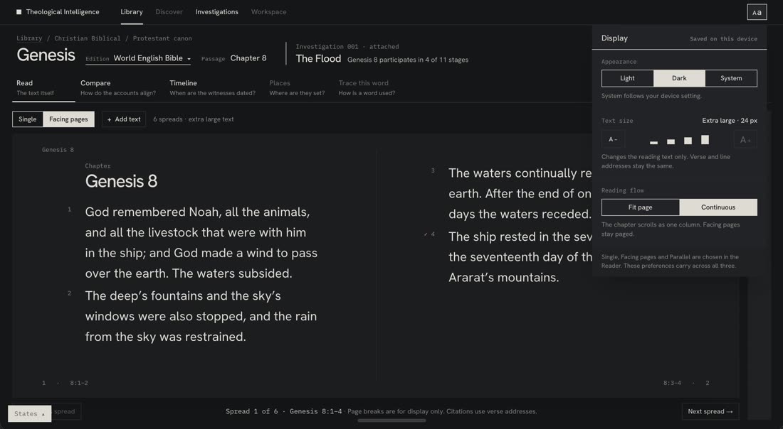 Facing page reading view with typography and reading flow controls.